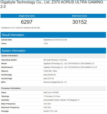 Intel Core i7 9700K Geekbench 3