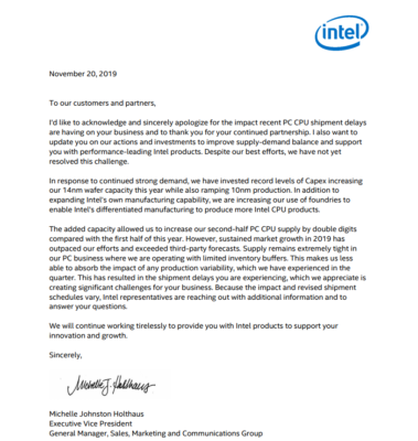 Intel lettre excuse pénurie