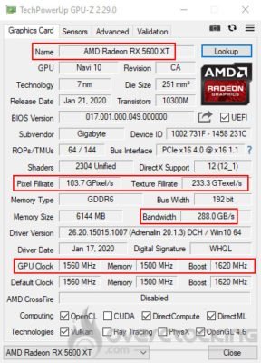 GPU-Z avant le flash de la Gigabyte RX 5600 XT Gaming OC